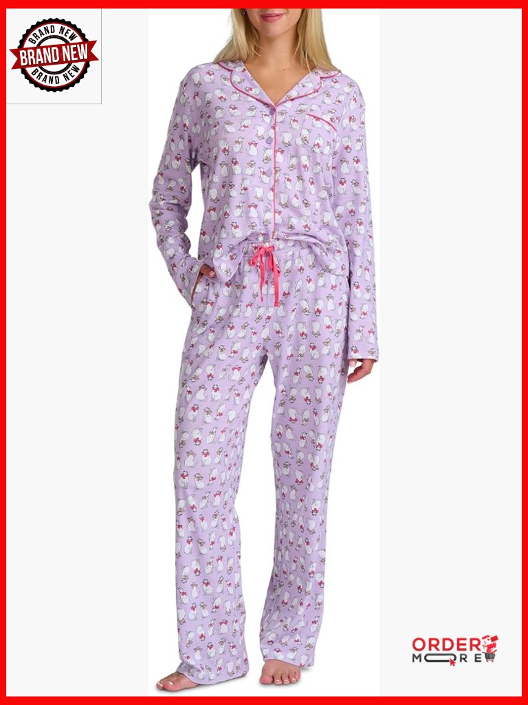 Long Sleeve Notch Collar Pajama Set With Pants, Button Top, Drawstring Waist